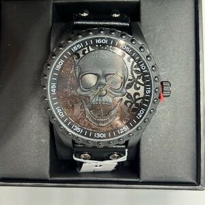 Ed Hardy Men’s Skull Print Dial Matte Black Studded Strap Analog Watch …